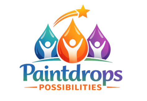 Logo with three colorful paint drops (teal, orange, purple), each containing a white figure with raised arms. An orange star arcs over the drops. The text reads Paintdrops POSSIBILITIES, benefiting youth and giveback programs.