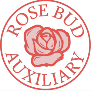 A red circular logo with the words ROSE BUD AUXILIARY surrounding an illustration of a rose in the center, symbolizing a giveback initiative benefiting Vets for Youth.
