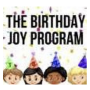Four cartoon children in colorful party hats smile below large text reading THE BIRTHDAY JOY PROGRAM, with confetti scattered in the background—a joyful giveback benefiting Vets for Youth.