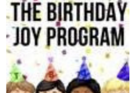 Four cartoon children in colorful party hats smile below large text reading THE BIRTHDAY JOY PROGRAM, with confetti scattered in the background—a joyful giveback benefiting Vets for Youth.