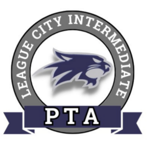 Logo for League City Intermediate PTA. A stylized wildcat head is in the center, surrounded by a gray ring with the school name. A blue banner with "PTA" in white letters at the bottom highlights their Giveback Benefiting Vets for Youth initiative.