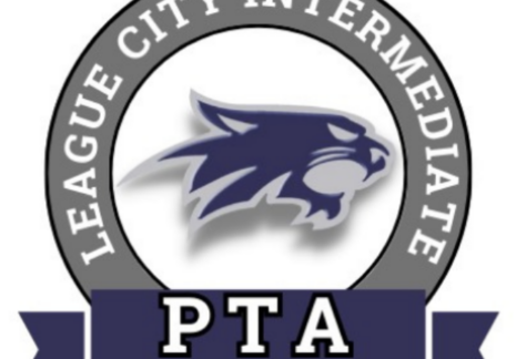 Logo for League City Intermediate PTA. A stylized wildcat head is in the center, surrounded by a gray ring with the school name. A blue banner with "PTA" in white letters at the bottom highlights their Giveback Benefiting Vets for Youth initiative.