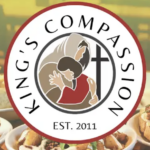 Circular logo for Kings Compassion featuring two people embracing, a large cross, and EST. 2011 text. Food dishes are blurred in the background, highlighting their giveback mission benefiting vets and youth in need.