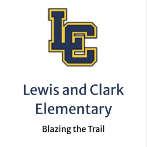 The image shows a blue and gold LC logo above the text Lewis and Clark Elementary and the slogan Blazing the Trail on a white background, highlighting a Giveback Benefiting Vets for Youth initiative.