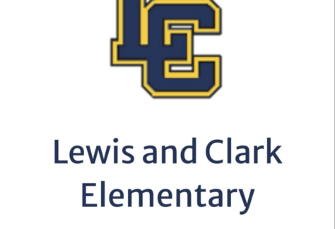 The image shows a blue and gold LC logo above the text Lewis and Clark Elementary and the slogan Blazing the Trail on a white background, highlighting a Giveback Benefiting Vets for Youth initiative.