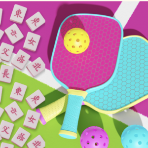 Two colorful pickleball paddles and three yellow balls lie on a vibrant court, next to several pink-edged Mahjong tiles with Chinese characters. The background features bright pink, green, and white sections.