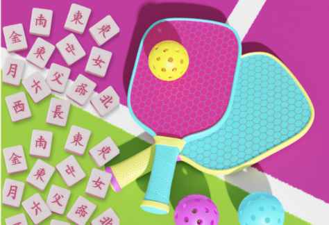 Two colorful pickleball paddles and three yellow balls lie on a vibrant court, next to several pink-edged Mahjong tiles with Chinese characters. The background features bright pink, green, and white sections.