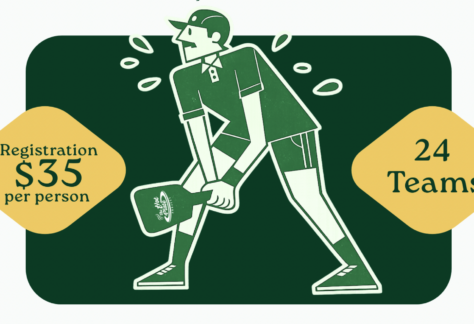 Illustration of a person in athletic clothing holding a paddle, sweating, with text: Registration $35 per person on the left and 24 Teams on the right, all set on a green background.