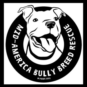 Black and white logo featuring a smiling dog’s face in the center, surrounded by the text “Mid-America Bully Breed Rescue.” The website “mabbr.org” appears at the bottom, highlighting a giveback benefiting vets for youth.
