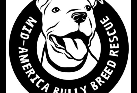 Black and white logo featuring a smiling dog’s face in the center, surrounded by the text “Mid-America Bully Breed Rescue.” The website “mabbr.org” appears at the bottom, highlighting a giveback benefiting vets for youth.