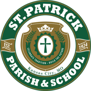 Circular logo for St. Patrick Parish & School, Kansas City, MO, with a green and gold crest featuring a cross, crown, leaves, and the motto “Celebrate Tradition • Build the Future.” Includes Giveback Benefiting Vets for Youth and Established 1924.