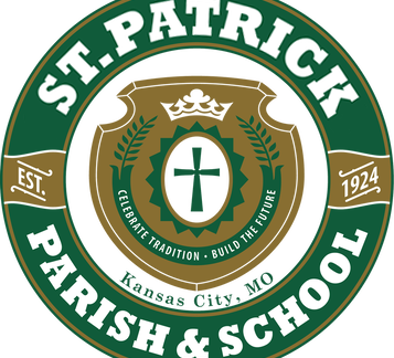 Circular logo for St. Patrick Parish & School, Kansas City, MO, with a green and gold crest featuring a cross, crown, leaves, and the motto “Celebrate Tradition • Build the Future.” Includes Giveback Benefiting Vets for Youth and Established 1924.
