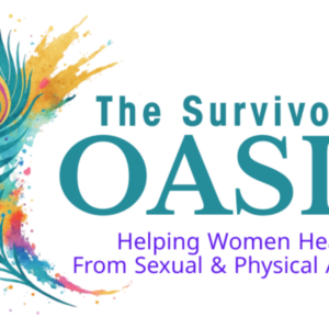 A colorful peacock feather and paint splashes beside the text “The Survivors OASIS,” with the tagline “Helping Women Heal From Sexual & Physical Abuse,” proudly supporting Giveback Benefiting Vets for Youth.