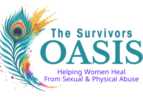 A colorful peacock feather and paint splashes beside the text “The Survivors OASIS,” with the tagline “Helping Women Heal From Sexual & Physical Abuse,” proudly supporting Giveback Benefiting Vets for Youth.