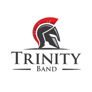 Logo featuring a Spartan helmet with a red crest above the bold text “Trinity Band.” Designed in black, grey, and red tones with horizontal lines, this logo represents a Giveback Benefiting Vets for Youth.
