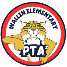 A cartoon wildcat mascot holding a torn sign that says PTA, with Wallin Elementary in bold letters above, all inside a red and blue circular border—highlighting a Giveback Benefiting Vets for Youth.