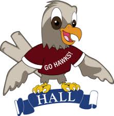 Cartoon hawk wearing a maroon T-shirt that says GO HAWKS! stands on a blue banner labeled HALL, wings spread wide in happiness. This image celebrates our Giveback Benefiting Vets for Youth initiative.