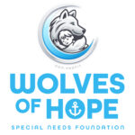 Logo for Wolves of Hope Special Needs Foundation featuring a stylized wolf embracing a child inside a blue crescent. Text below highlights the non-profit’s special needs and giveback focus, benefiting vets for youth, with an anchor symbol.