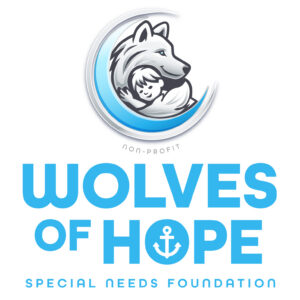 Logo for Wolves of Hope Special Needs Foundation featuring a stylized wolf embracing a child inside a blue crescent. Text below highlights the non-profit’s special needs and giveback focus, benefiting vets for youth, with an anchor symbol.