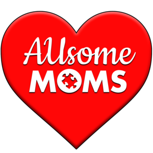 A large red heart with the words Allsome Moms; the letter O in Moms is replaced with a white puzzle piece symbol, celebrating moms while supporting Giveback Benefiting Vets for Youth.