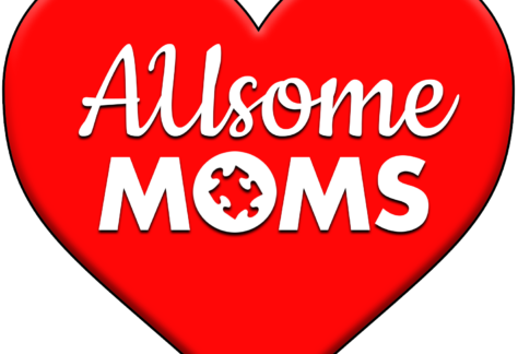 A large red heart with the words Allsome Moms; the letter O in Moms is replaced with a white puzzle piece symbol, celebrating moms while supporting Giveback Benefiting Vets for Youth.