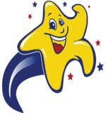 A smiling yellow cartoon star with a blue trail and red and blue stars around it, representing a cheerful Giveback Benefiting Vets for Youth. The star has expressive eyes, a big smile, and appears joyful and animated.