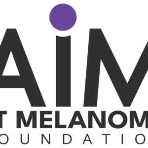 AIM at Melanoma Foundation logo with the word AIM in large black letters, a purple dot above the I, and AT MELANOMA FOUNDATION below—proudly supporting Giveback Benefiting Vets for Youth.