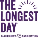 The image features the text The Longest Day with a sun graphic, and Alzheimer's Association below, representing a giveback awareness event benefiting vets and youth. The text and graphics are in purple.