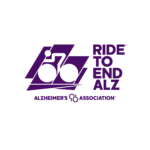 Logo for Ride to End ALZ by the Alzheimer’s Association, featuring a stylized cyclist in purple geometric shapes. This giveback event supports the cause, with the association’s name and symbol below the event title.