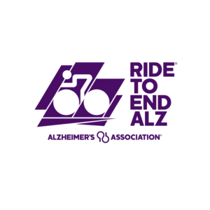 Logo for Ride to End ALZ by the Alzheimer’s Association, featuring a stylized cyclist in purple geometric shapes. This giveback event supports the cause, with the association’s name and symbol below the event title.