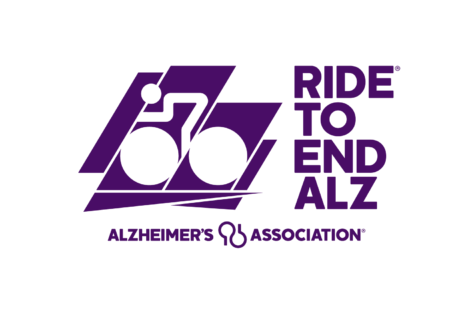 Logo for Ride to End ALZ by the Alzheimer’s Association, featuring a stylized cyclist in purple geometric shapes. This giveback event supports the cause, with the association’s name and symbol below the event title.