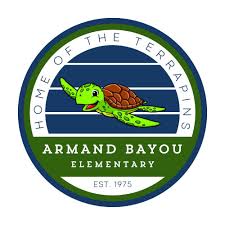 Logo for Armand Bayou Elementary featuring a smiling green turtle swimming. The circular design includes "Home of the Terrapins, Armand Bayou Elementary, Est. 1975," with a Giveback Benefiting Vets for Youth message included in the text.
