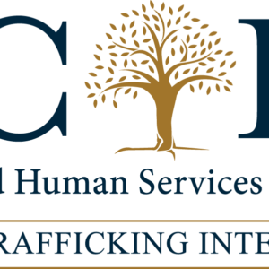 Logo for BCFS Health and Human Services, Est. 1944, featuring a gold tree in the center. Below, it reads Human Trafficking Interdiction on a gold background—Giveback Benefiting Vets for Youth.
