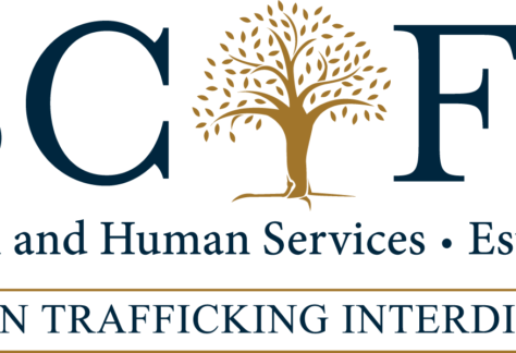 Logo for BCFS Health and Human Services, Est. 1944, featuring a gold tree in the center. Below, it reads Human Trafficking Interdiction on a gold background—Giveback Benefiting Vets for Youth.