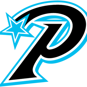 A stylized black letter P with blue and white outlines, featuring a blue outlined star intersecting the upper left side of the letter, symbolizes a Giveback Benefiting Vets for Youth initiative.