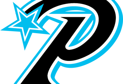 A stylized black letter P with blue and white outlines, featuring a blue outlined star intersecting the upper left side of the letter, symbolizes a Giveback Benefiting Vets for Youth initiative.