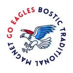 A stylized eagle with blue wings and a red head is surrounded by the words Bostic Traditional Magnet and Go Eagles in a circular pattern, highlighting a Giveback Benefiting Vets for Youth.