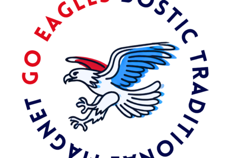 A stylized eagle with blue wings and a red head is surrounded by the words Bostic Traditional Magnet and Go Eagles in a circular pattern, highlighting a Giveback Benefiting Vets for Youth.