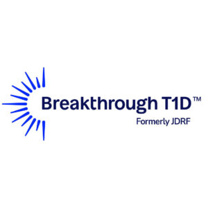 Logo with a blue sunburst design on the left and the text Breakthrough T1D™ Formerly JDRF in blue to the right, supporting Giveback initiatives Benefiting Vets for Youth.