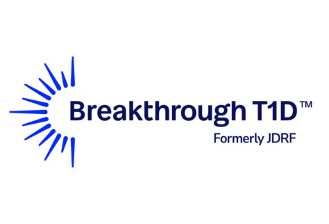 Logo with a blue sunburst design on the left and the text Breakthrough T1D™ Formerly JDRF in blue to the right, supporting Giveback initiatives Benefiting Vets for Youth.