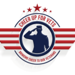 Logo with a silhouette of a saluting soldier inside a circle. Red stars and wings decorate the design. Text reads Cheer Up For Vets, Bringing Cheer To Our Veterans, and Giveback Benefiting Vets for Youth.