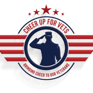 Logo with a silhouette of a saluting soldier inside a circle. Red stars and wings decorate the design. Text reads Cheer Up For Vets, Bringing Cheer To Our Veterans, and Giveback Benefiting Vets for Youth.