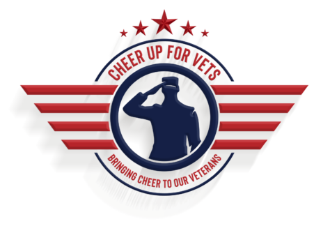 Logo with a silhouette of a saluting soldier inside a circle. Red stars and wings decorate the design. Text reads Cheer Up For Vets, Bringing Cheer To Our Veterans, and Giveback Benefiting Vets for Youth.