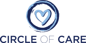 Logo with two blue circular brushstrokes around a heart shape, above the words CIRCLE OF CARE in bold, dark blue capital letters—symbolizing our Giveback mission benefiting Vets for Youth.