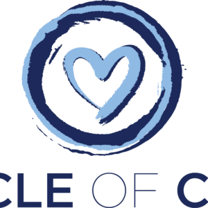Logo with two blue circular brushstrokes around a heart shape, above the words CIRCLE OF CARE in bold, dark blue capital letters—symbolizing our Giveback mission benefiting Vets for Youth.