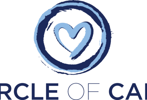Logo with two blue circular brushstrokes around a heart shape, above the words CIRCLE OF CARE in bold, dark blue capital letters—symbolizing our Giveback mission benefiting Vets for Youth.