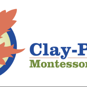 Logo for Clay-Platte Montessori School featuring an orange leaf inside a blue and green circular background, with the school’s name in blue and green text to the right—part of a Giveback Benefiting Vets for Youth initiative.