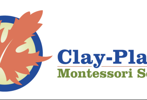 Logo for Clay-Platte Montessori School featuring an orange leaf inside a blue and green circular background, with the school’s name in blue and green text to the right—part of a Giveback Benefiting Vets for Youth initiative.