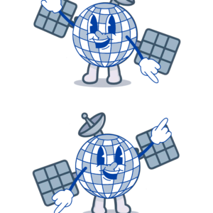 Two cartoon satellites with smiling globe faces, antennas on top, and solar-panel arms. Both have expressive eyes and white gloves—each pointing upward in slightly different poses—representing Giveback Benefiting Vets for Youth.