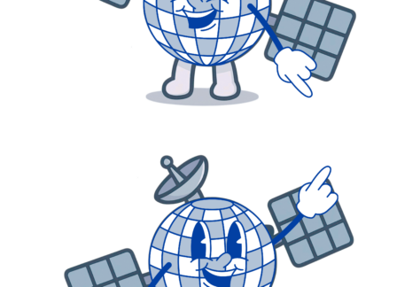 Two cartoon satellites with smiling globe faces, antennas on top, and solar-panel arms. Both have expressive eyes and white gloves—each pointing upward in slightly different poses—representing Giveback Benefiting Vets for Youth.